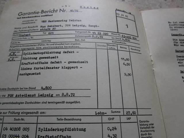 " Garantieabwickung PKW Trabant ", 01.07.1972