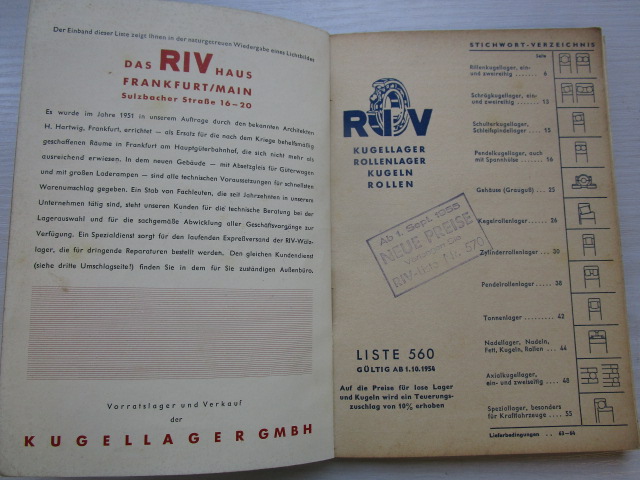 "  Liste 560 "  über Kugellager, Broschüre gültig ab 01.10.1954