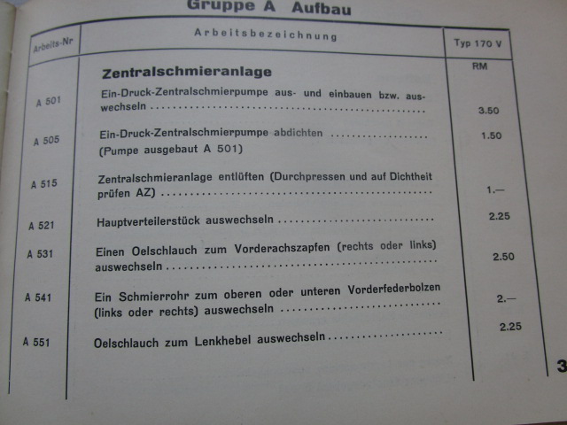 "Arbeitspreise ohne Material" Mercedes Benz, Typ 170 V ( aus dem Jahr 1939 )