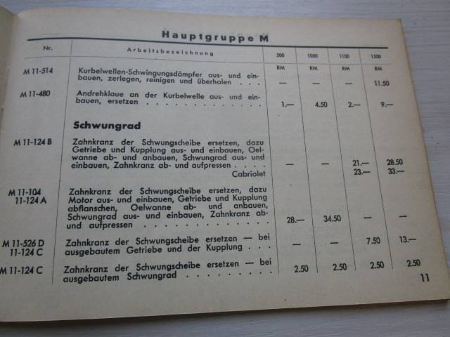 "Arbeitspreise ohne Material" NSU - Fiat 500, 1000, 1100, 1500 ( aus dem Jahr 1939 )