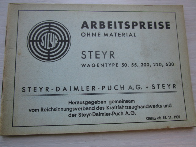 "Arbeitspreise ohne Material " STEYR ( aus dem Jahr 1939 )