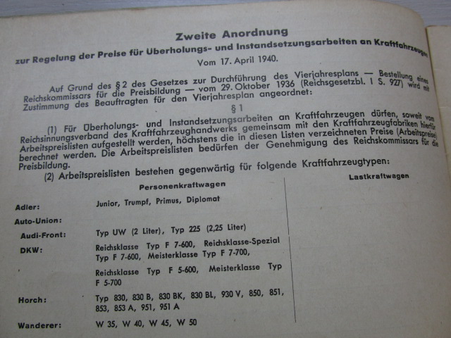 "Arbeitspreise ohne Material" FORD ( aus dem Jahr 1938 )
