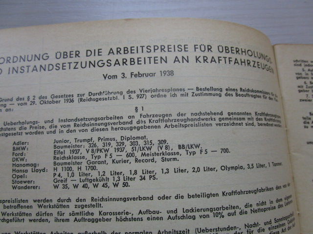 " Arbeitspreise ohne Material " Opel ( aus dem Jahr 1939 )