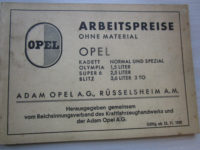 " Arbeitspreise ohne Material " Opel ( aus dem Jahr 1939 )