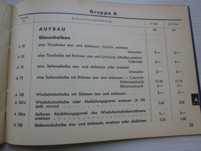"Arbeitspreise ohne Material" Auto Union, Audi-Front Typ UW und Typ 225 ( aus dem Jahr 1939 )