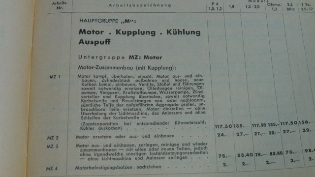 "Arbeitspreise ohne Material" Opel (aus dem Jahr 1938)