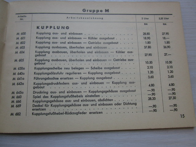 "Arbeitspreise ohne Material" Auto Union, Audi-Front Typ UW und Typ 225 ( aus dem Jahr 1939 )