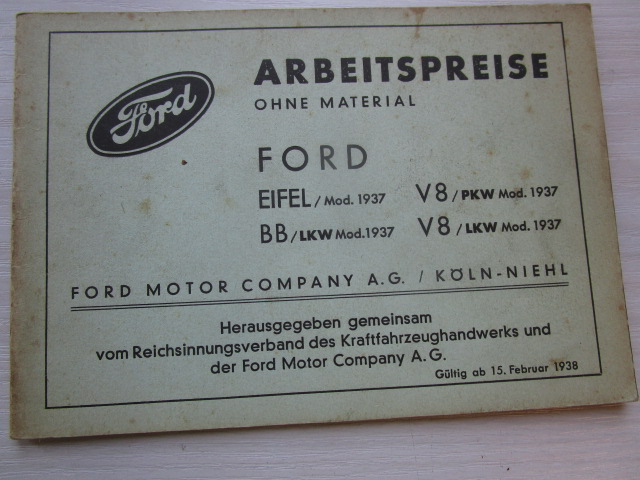 "Arbeitspreise ohne Material" FORD ( aus dem Jahr 1938 )