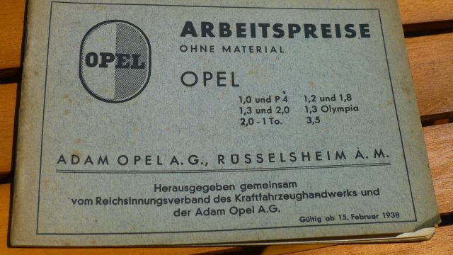 "Arbeitspreise ohne Material" Opel (aus dem Jahr 1938)