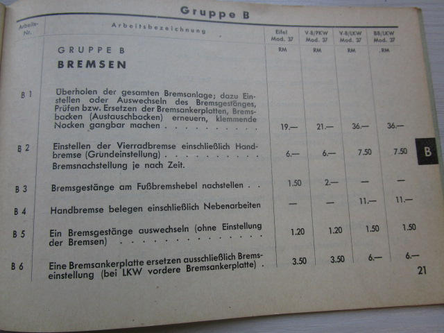 "Arbeitspreise ohne Material" FORD ( aus dem Jahr 1938 )