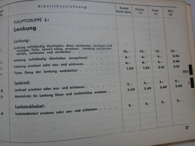 " Arbeitspreise ohne Material " Opel ( aus dem Jahr 1939 )
