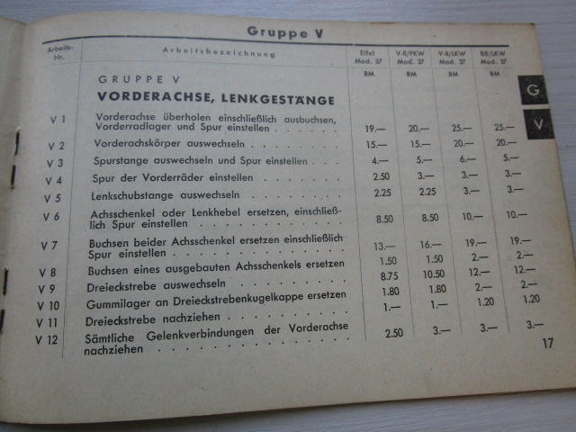 "Arbeitspreise ohne Material" FORD ( aus dem Jahr 1938 )