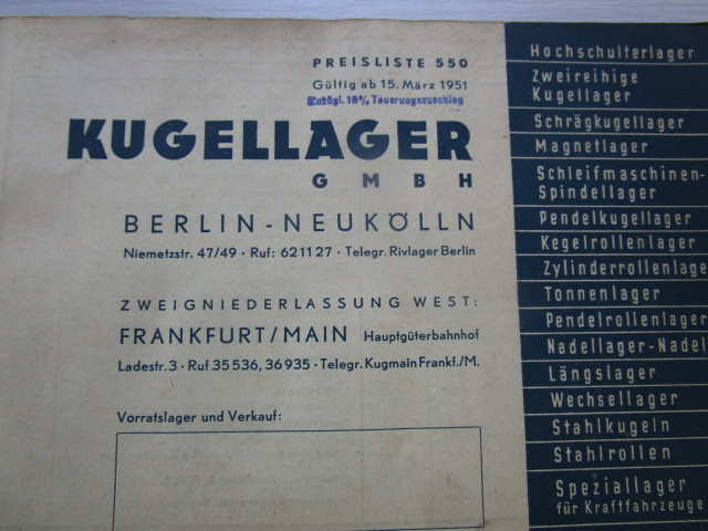 " Liste 550 " über Kugellager, Broschüre gültig ab 15. März 1951