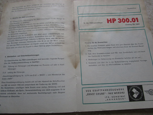 " Bedienungsanweisung mit Ersatzteilliste" PKW-Lastanhänger HP 300.01