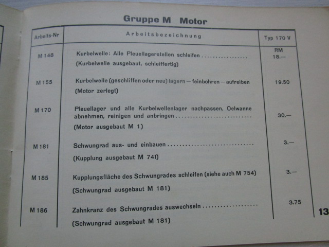 "Arbeitspreise ohne Material" Mercedes Benz, Typ 170 V ( aus dem Jahr 1939 )